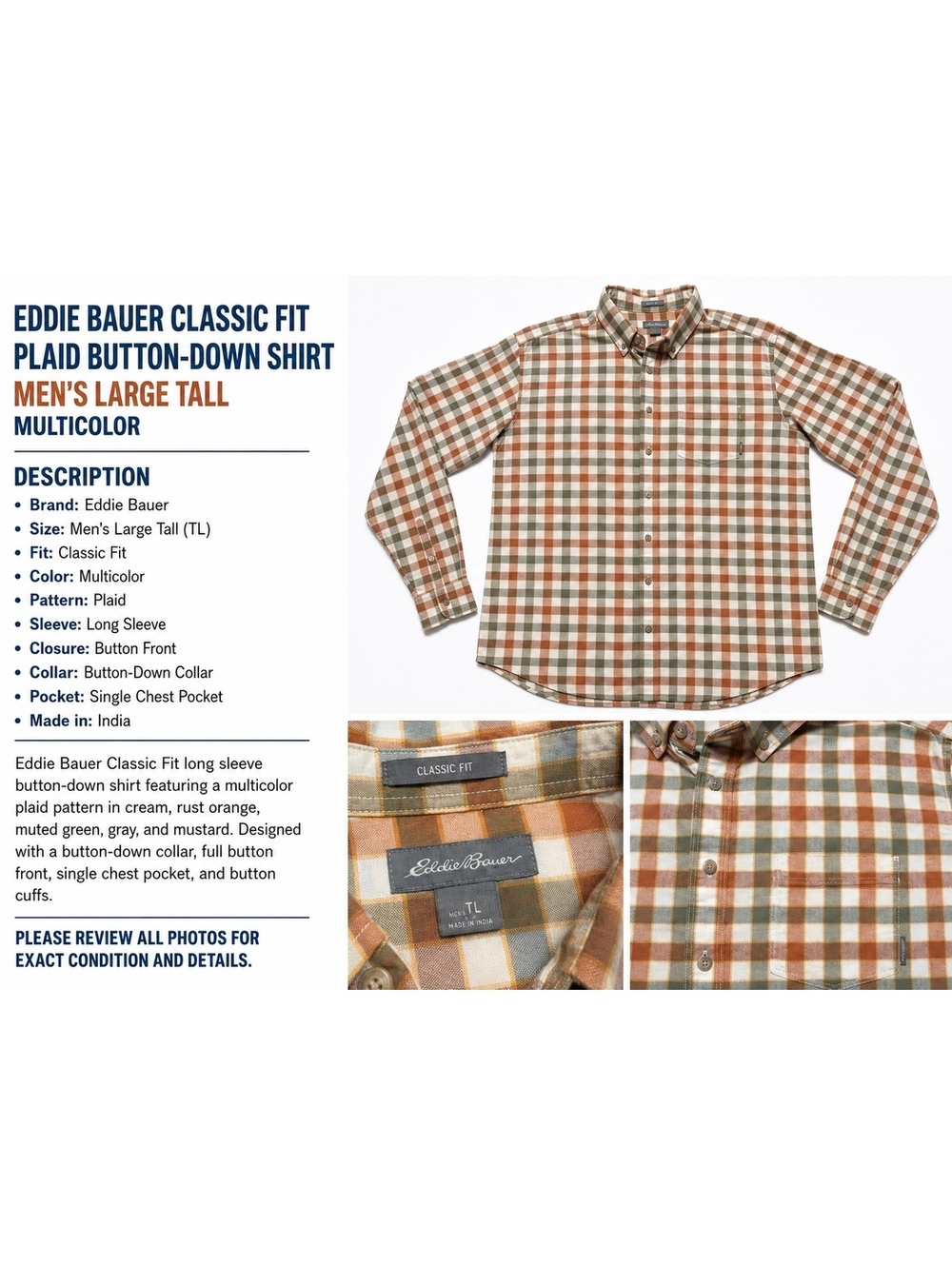 Eddie Bauer Men’s Large Tall Classic Fit Plaid Long Sleeve Button-Down Shirt